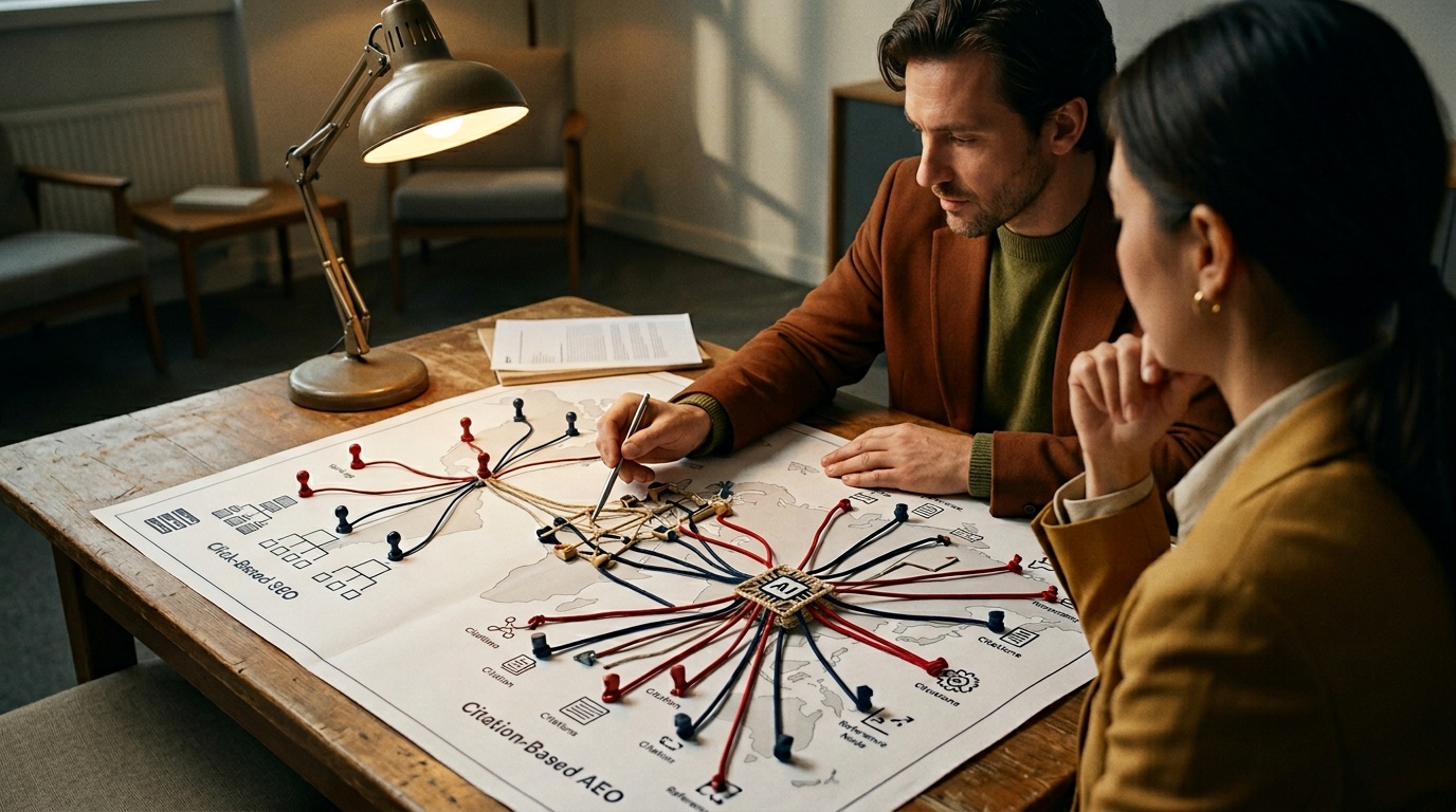 Diagram comparing traditional SEO ranking factors to AI search optimization citation signals