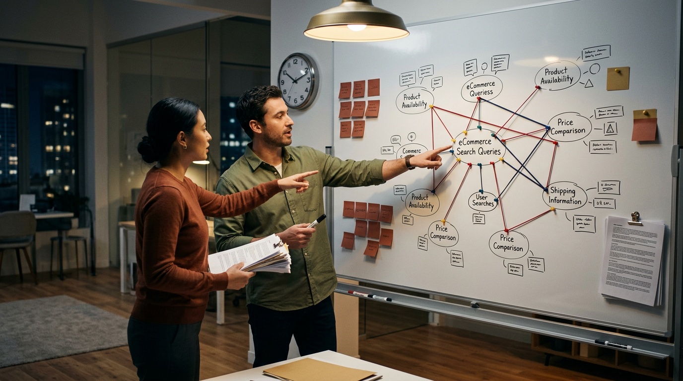 ecommerce startup team reviewing AEO strategy and AI search citation data on a laptop