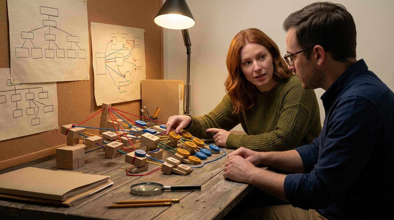 An analyst reviewing AI citation reports and schema markup on dual monitors at an AEO agency