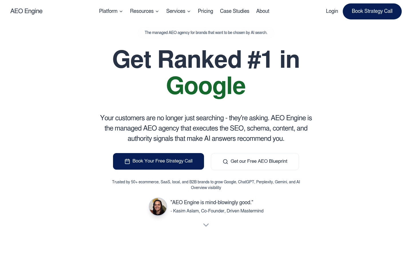 AEO Engine homepage showing managed Answer Engine Optimization services for SaaS brands