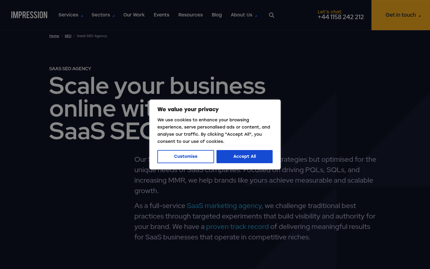 Impression SaaS SEO agency service page showing PQL and SQL growth messaging for software brands