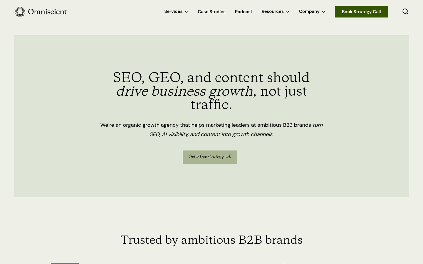 Omniscient Digital homepage showing content strategy services for B2B SaaS companies