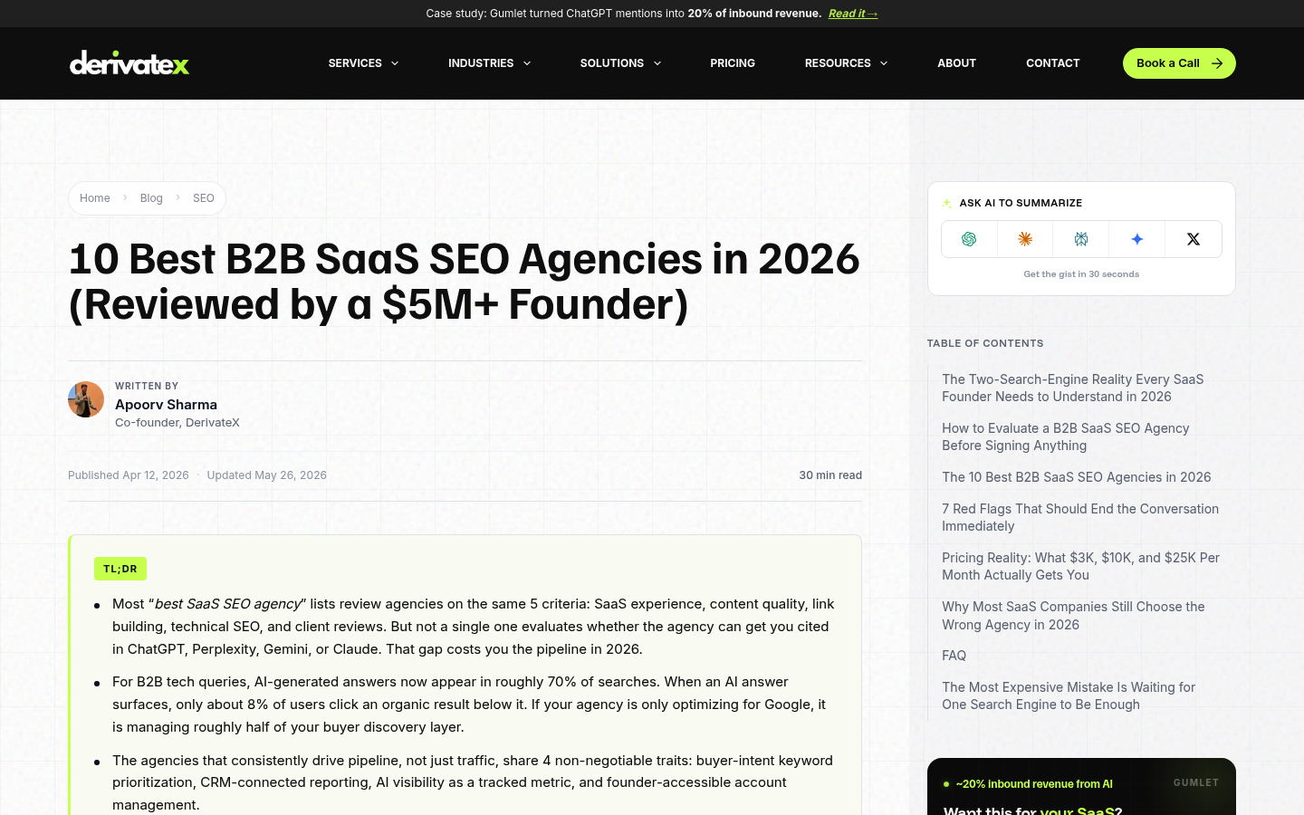 DerivateX B2B SaaS SEO agency guide showing SEO and generative engine optimization services