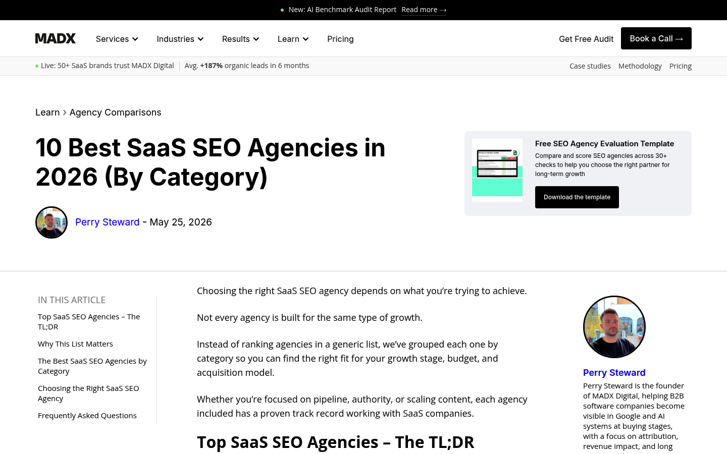 MADX Digital SaaS SEO agencies guide showing category-based SaaS SEO agency recommendations